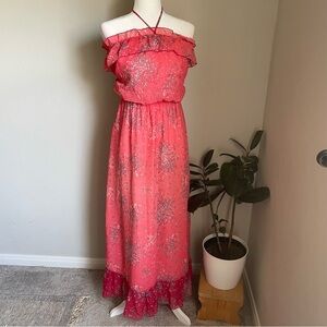 Jarlo Halter Strap Coral Floral Ruffle Maxi Dress